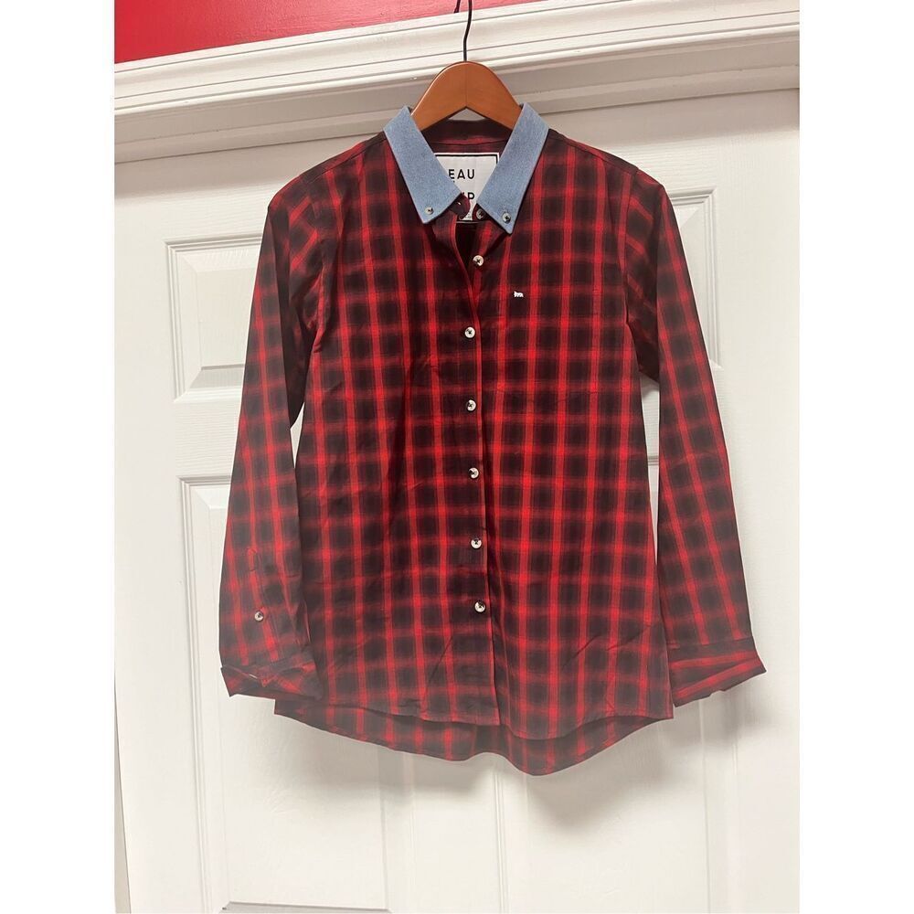 Peau De Loup Red & Black Plaid Chambray Collar Button Down Shirt sz 2 NWOT